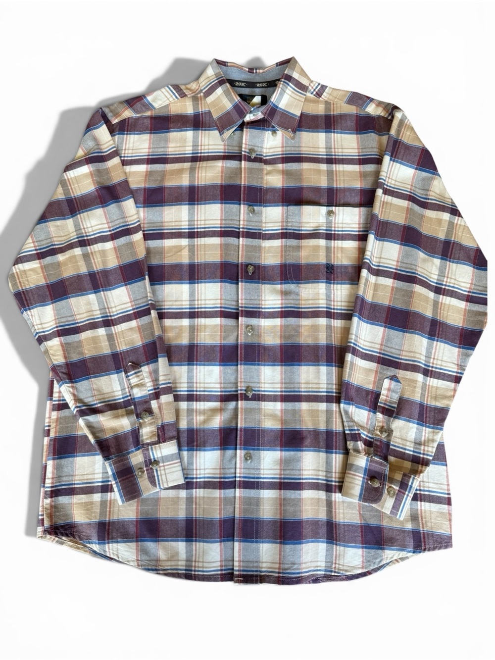 Wrangler Mens Plaid Long-Sleeve Button-Down Shirt - Beige & Burgundy